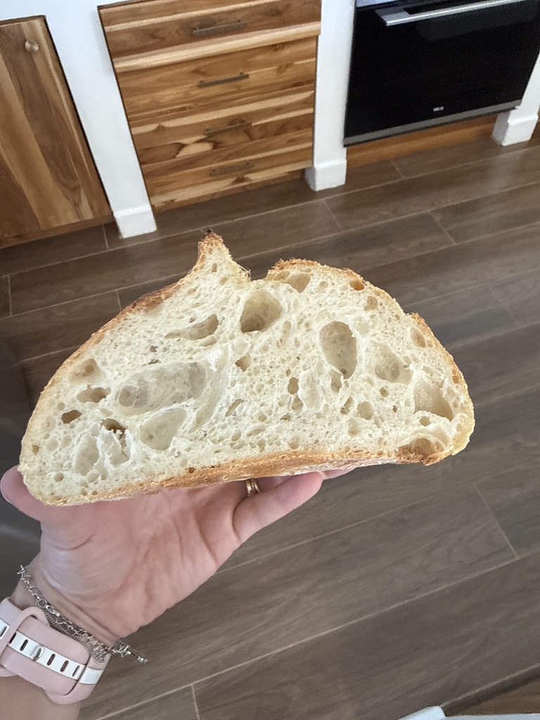 A hand holding a slice of homemade sourdough with an open crumb