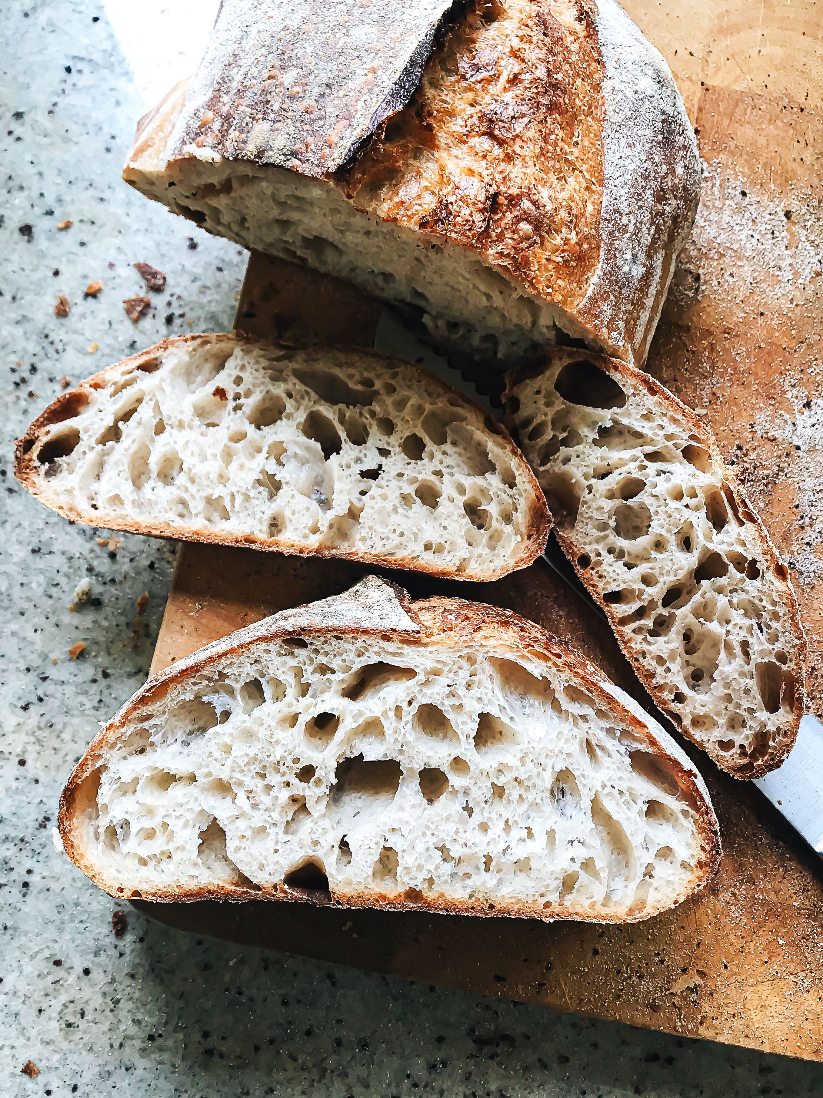 Several sliced sourdough loaves showing varied, open crumb structures